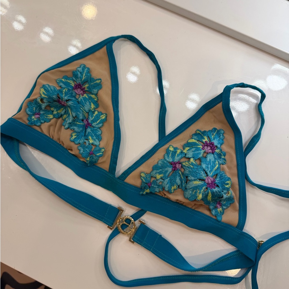 Beach Bunny Teal Floral Embroidered Bikini Top